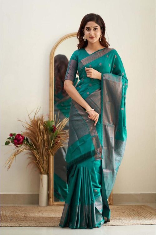 Teal Green Jacquard Lichi Silk Saree with Subtle Silver-Gold Zari Accents