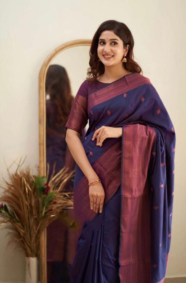 Deep Navy Jacquard Lichi Silk Saree with Subtle Silver-Gold Zari Accents - Image 3