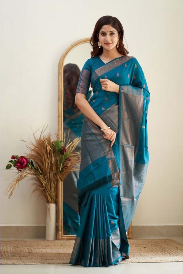 Teal Blue Jacquard Lichi Silk Saree with Subtle Silver Zari Accents