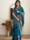 Teal Blue Jacquard Lichi Silk Saree with Subtle Silver Zari Accents
