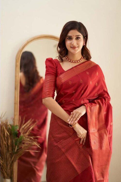 Red Jacquard Lichi Silk Saree with Subtle Silver-Gold Zari Accents