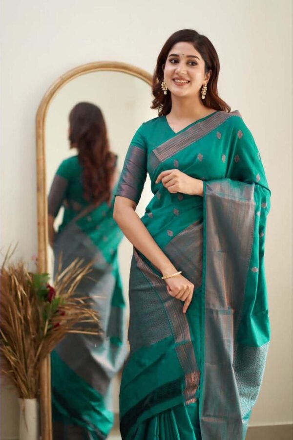 Teal Green Jacquard Lichi Silk Saree with Subtle Silver-Gold Zari Accents - Image 3
