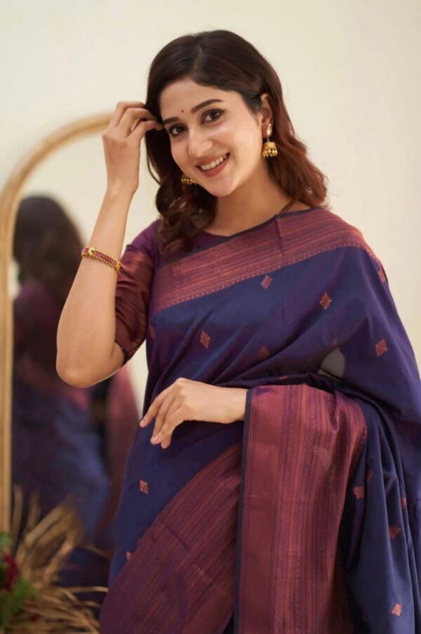 Deep Navy Jacquard Lichi Silk Saree with Subtle Silver-Gold Zari Accents - Image 4