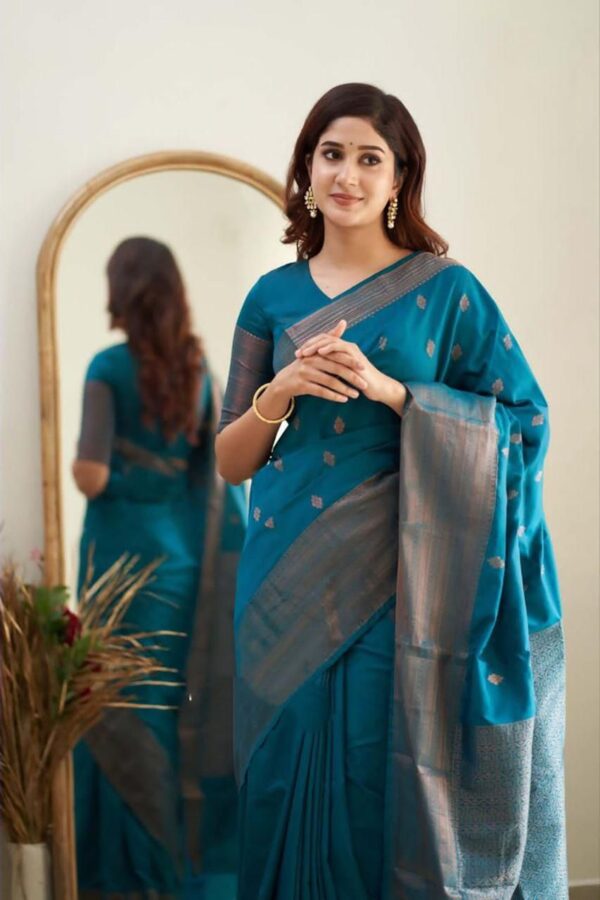 Teal Blue Jacquard Lichi Silk Saree with Subtle Silver Zari Accents - Image 4