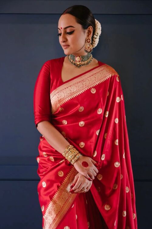 Red Banarasi Jacquard Lichi Silk with Golden Zari Motifs Saree