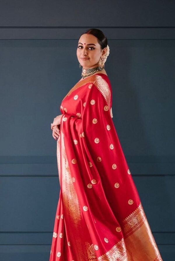 Red Banarasi Jacquard Lichi Silk with Golden Zari Motifs Saree - Image 3