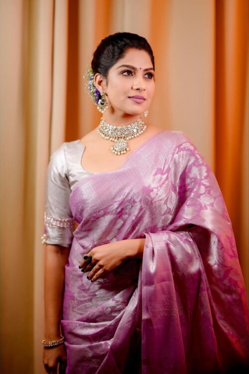 Lavender Mist – Jacquard Soft Lichi Silk Saree with Floral Silver Zari Weave