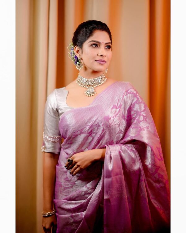 Lavender Mist – Jacquard Soft Lichi Silk Saree with Floral Silver Zari Weave