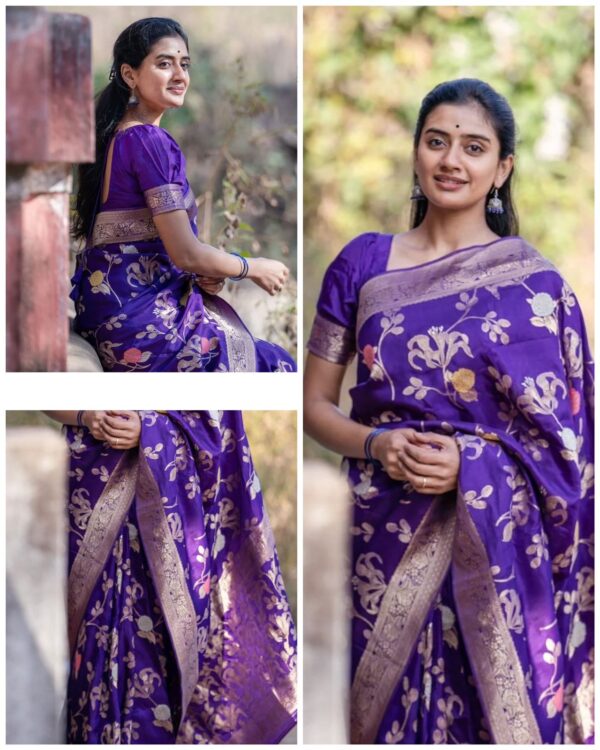 Purple Banarasi Jacquard Lichi Silk Saree with Elegant Floral Zari Weave - Image 5