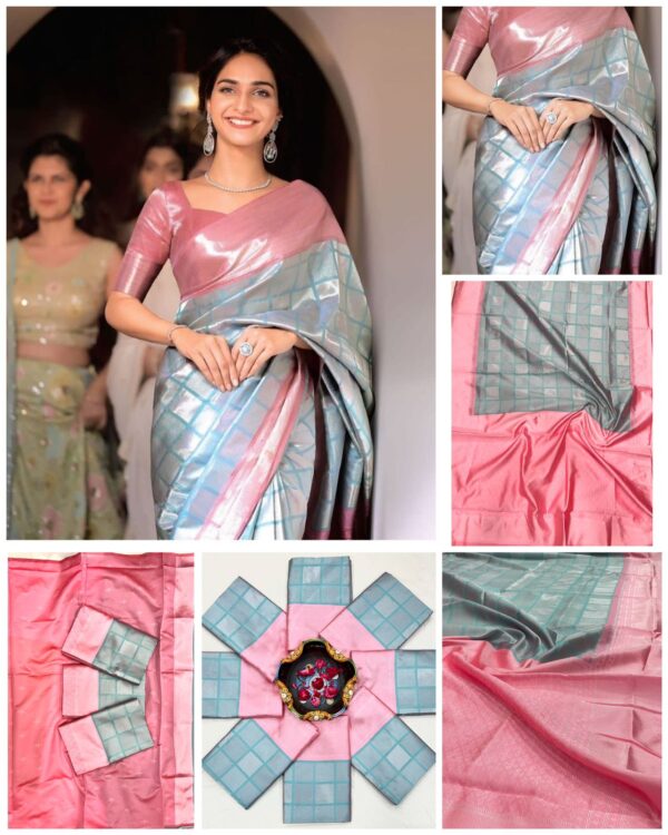 Metallic Pastel Kanjivaram Jacquard Lichi Silk Saree with Modern Geometric Weave - Image 6