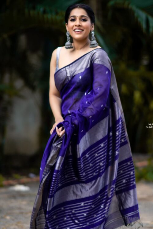 Handwoven Purple and Silver Striped Jacquard Lichi Silk Saree with