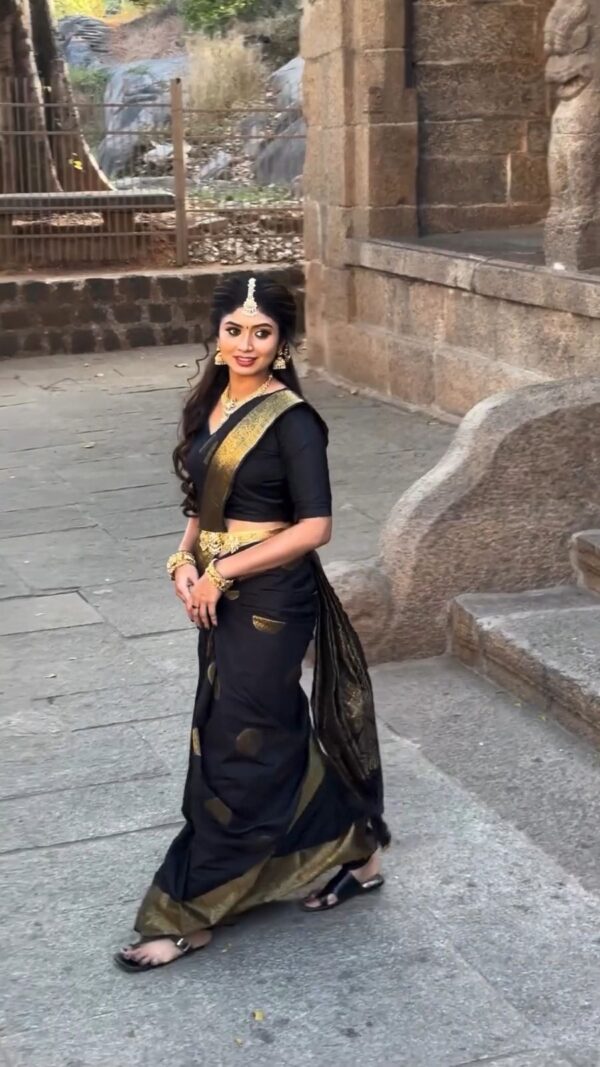 Black Kanjivaram Jacquard Lichi Silk with Bold Zari Detailing and Temple Saree - Image 3