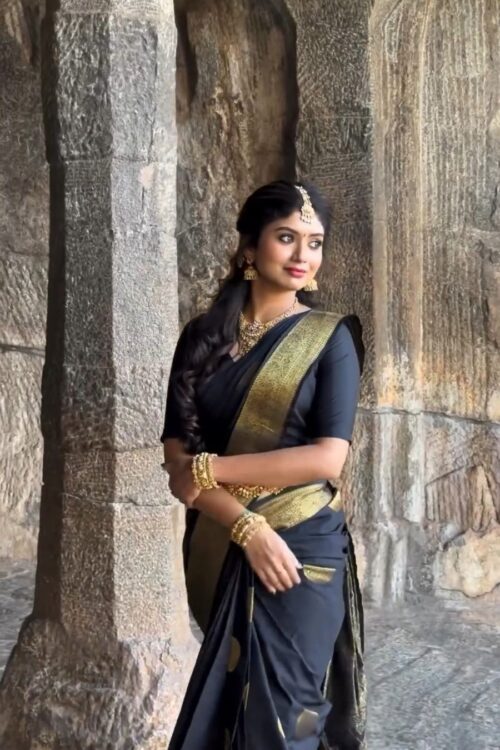 Black Kanjivaram Jacquard Lichi Silk with Bold Zari Detailing and Temple Saree