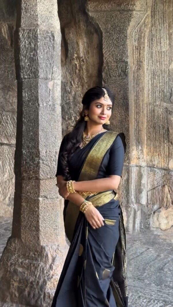 Black Kanjivaram Jacquard Lichi Silk with Bold Zari Detailing and Temple Saree