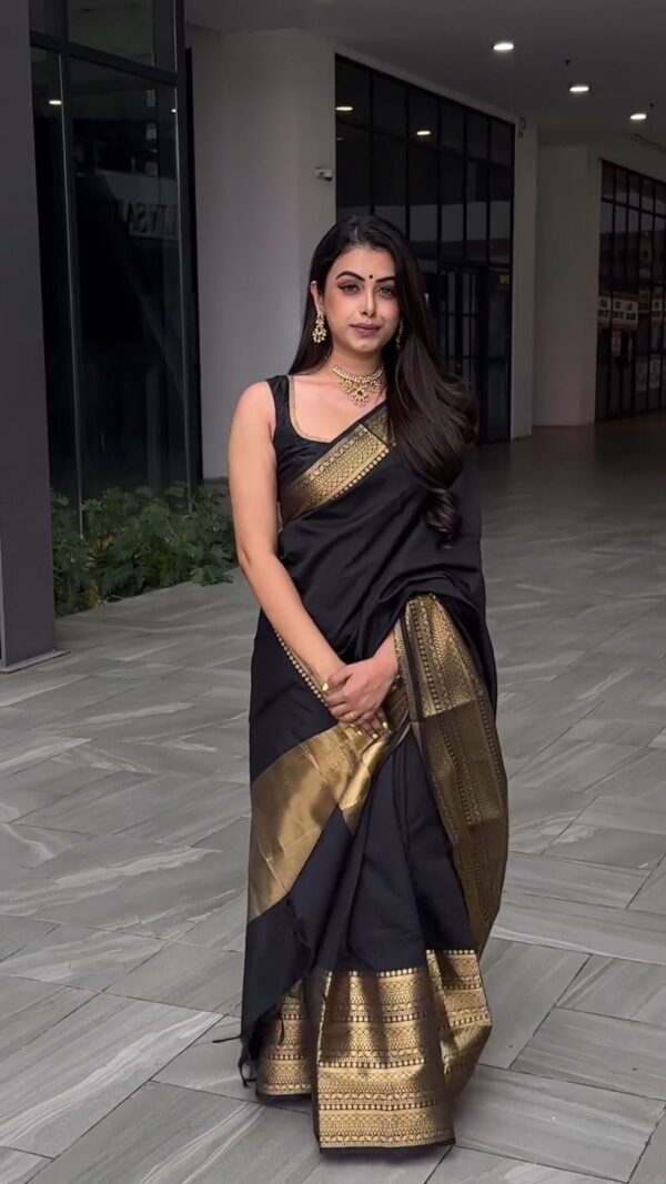 Black Kanjivaram Jacquard Lichi Silk Saree with Antique Zari Borders