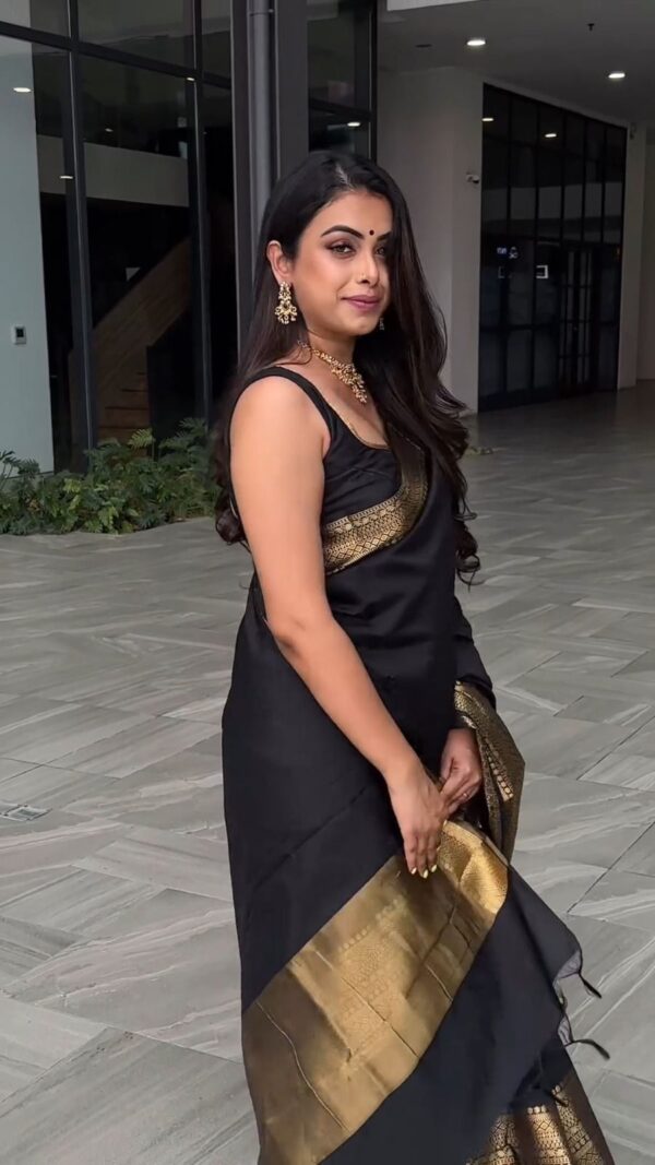 Black Kanjivaram Jacquard Lichi Silk Saree with Antique Zari Borders - Image 3