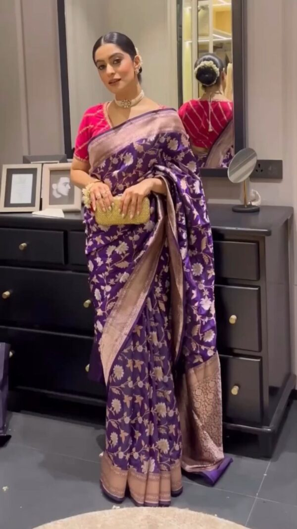 Majestic Purple Banarasi Silk Jacquard Intricate Floral Zari Weaving Saree