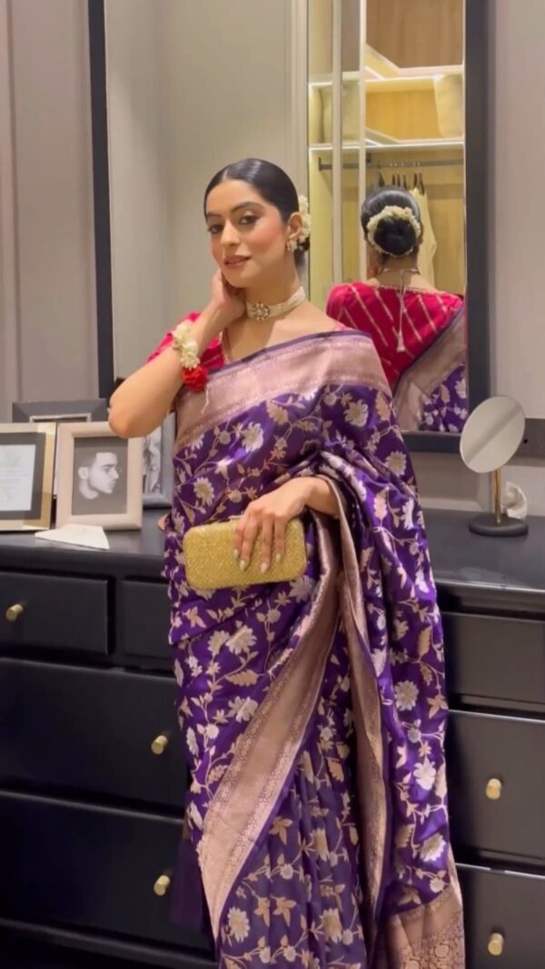 Majestic Purple Banarasi Silk Jacquard Intricate Floral Zari Weaving Saree - Image 3