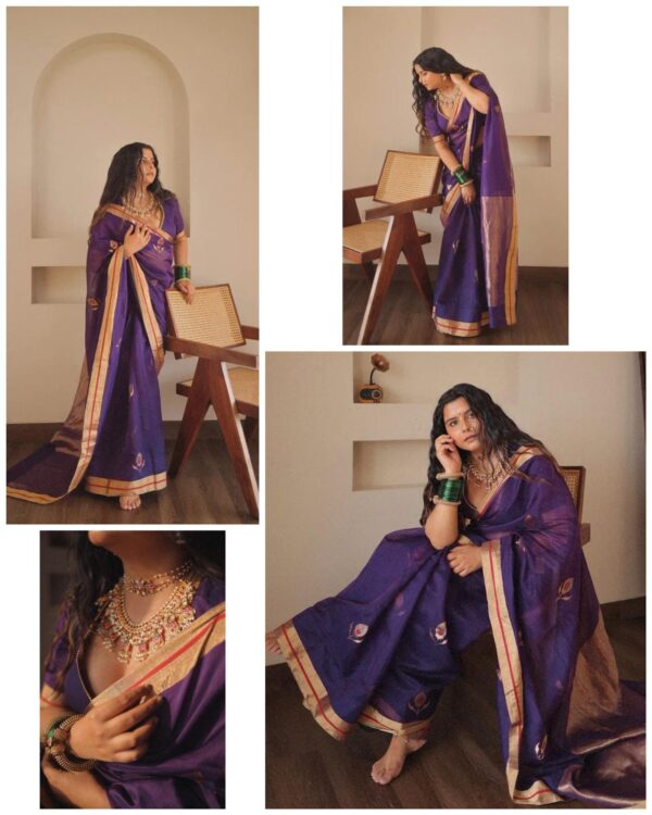 Royal Plum Purple Handwoven Kanjeevaram Jacquard Lichi Silk Saree with Traditional Motifs - Image 6