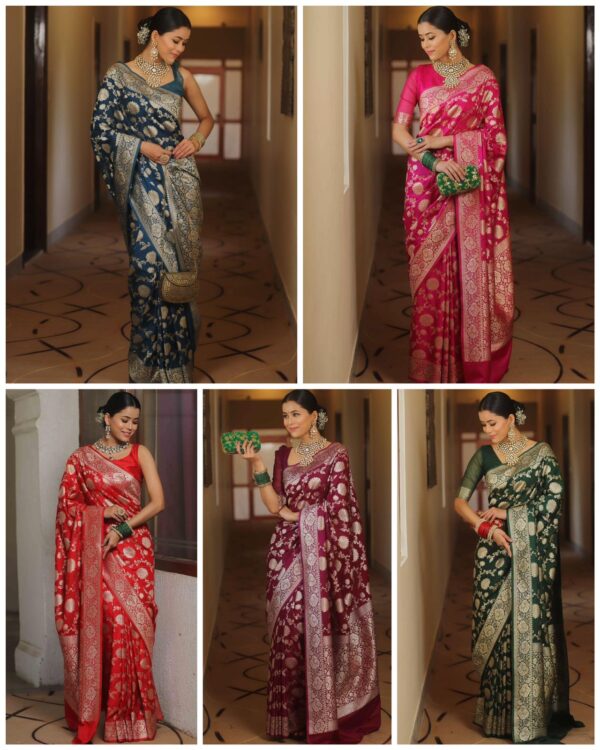 Navy Blue Handwoven Banarasi Jacquard Lichi Silk Saree with Antique Zari Work - Image 8