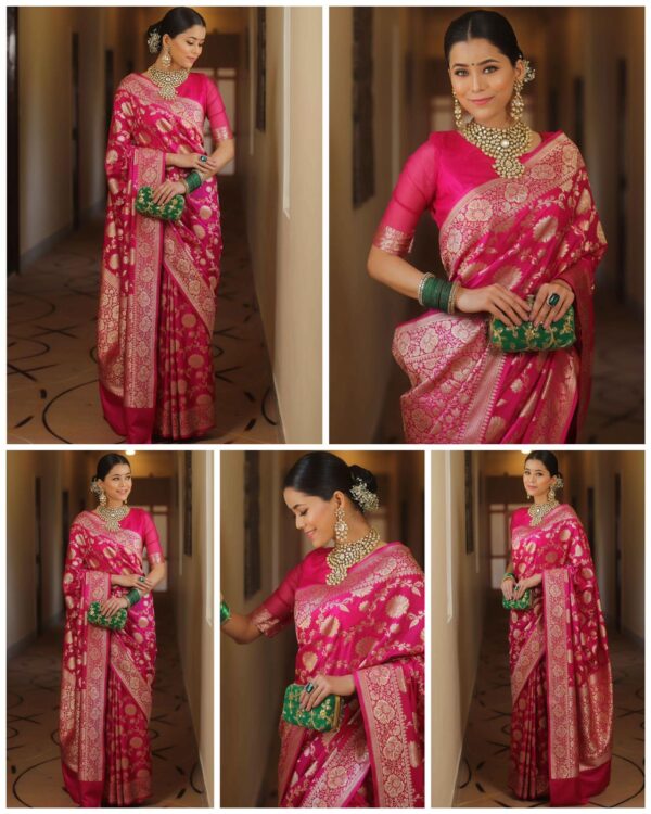 Rani Pink Handwoven Banarasi Jacquard Lichi Silk Saree with Antique Zari Work - Image 6
