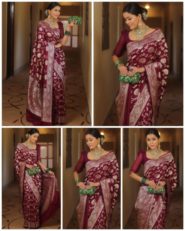 Wine Handwoven Banarasi Jacquard Lichi Silk Saree with Antique Zari Work - Image 6