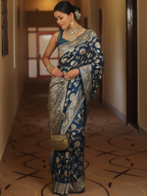 Navy Blue Handwoven Banarasi Jacquard Lichi Silk Saree with Antique Zari Work - Image 2