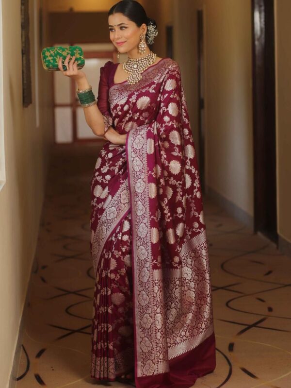 Wine Handwoven Banarasi Jacquard Lichi Silk Saree with Antique Zari Work - Image 5