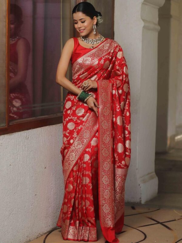 Red Handwoven Banarasi Jacquard Lichi Silk Saree with Antique Zari Work - Image 2