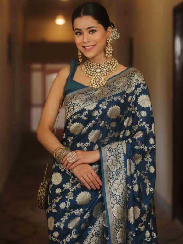 Navy Blue Handwoven Banarasi Jacquard Lichi Silk Saree with Antique Zari Work - Image 7