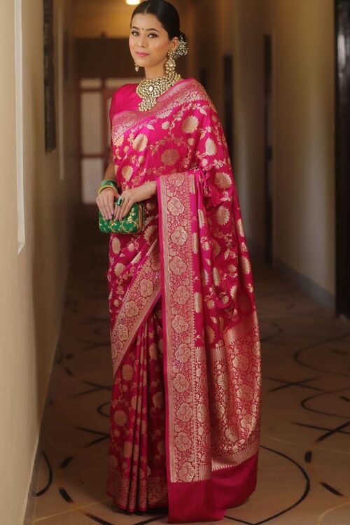 Rani Pink Handwoven Banarasi Jacquard Lichi Silk Saree with Antique Zari Work