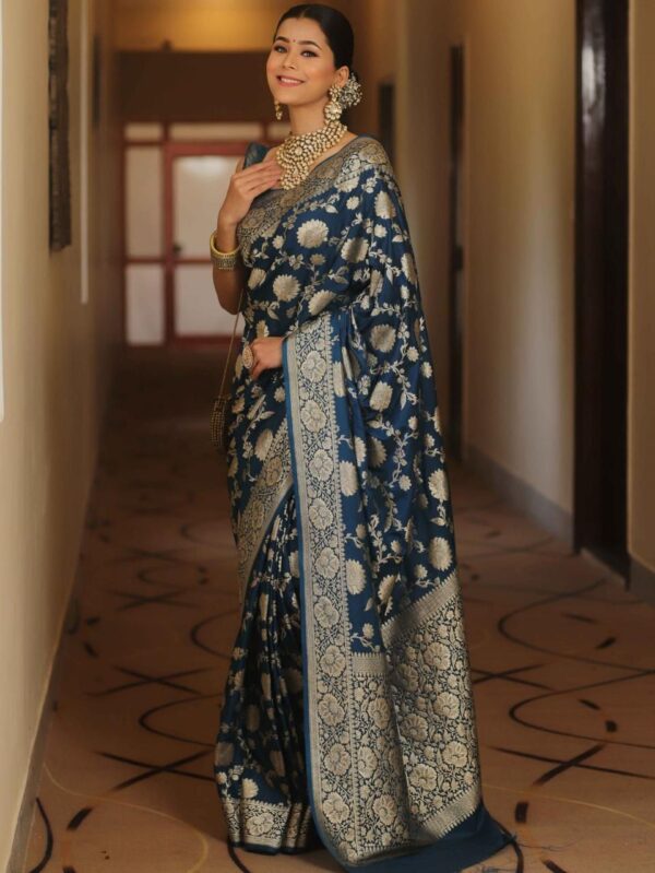 Navy Blue Handwoven Banarasi Jacquard Lichi Silk Saree with Antique Zari Work
