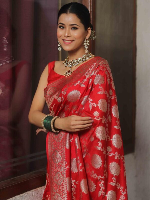 Red Handwoven Banarasi Jacquard Lichi Silk Saree with Antique Zari Work - Image 5