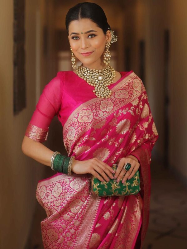Rani Pink Handwoven Banarasi Jacquard Lichi Silk Saree with Antique Zari Work - Image 5