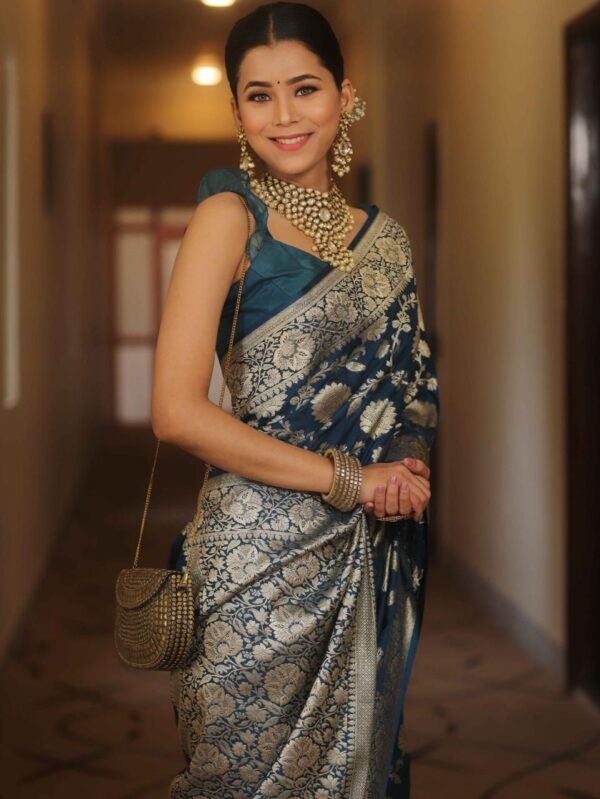 Navy Blue Handwoven Banarasi Jacquard Lichi Silk Saree with Antique Zari Work - Image 6