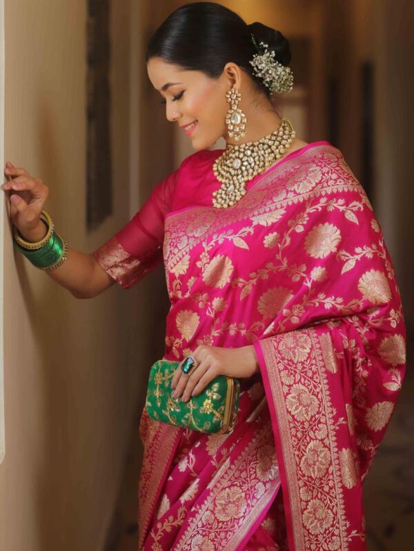 Rani Pink Handwoven Banarasi Jacquard Lichi Silk Saree with Antique Zari Work - Image 4