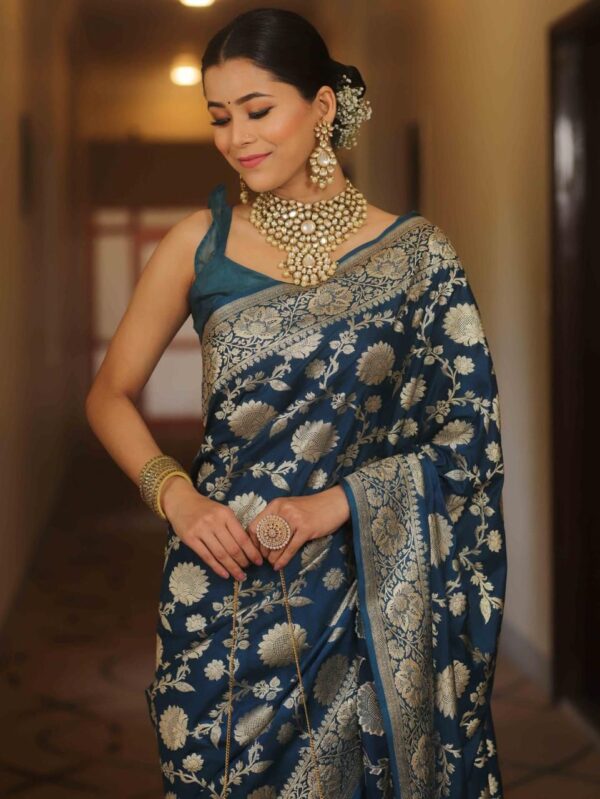 Navy Blue Handwoven Banarasi Jacquard Lichi Silk Saree with Antique Zari Work - Image 5