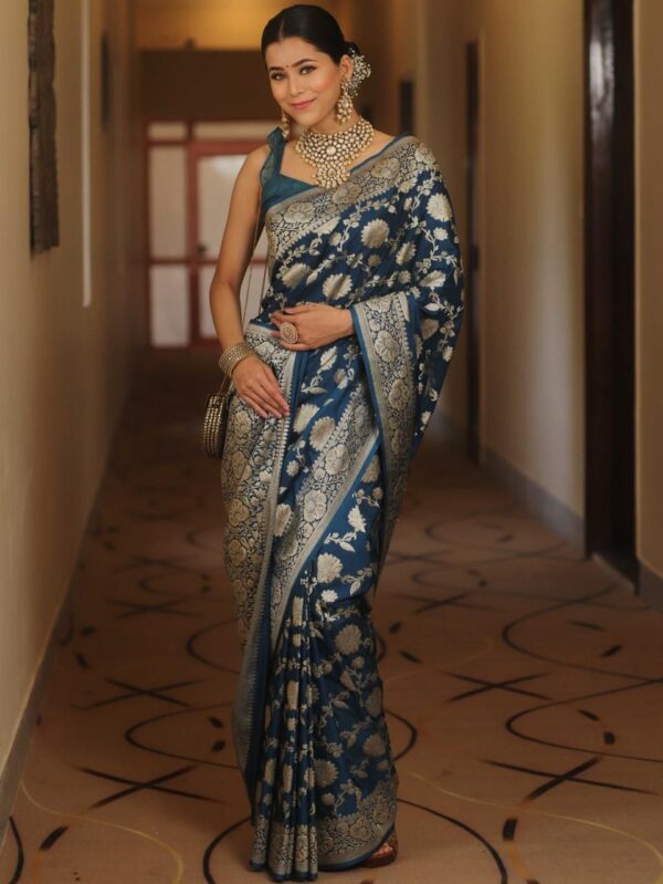 Navy Blue Handwoven Banarasi Jacquard Lichi Silk Saree with Antique Zari Work - Image 4