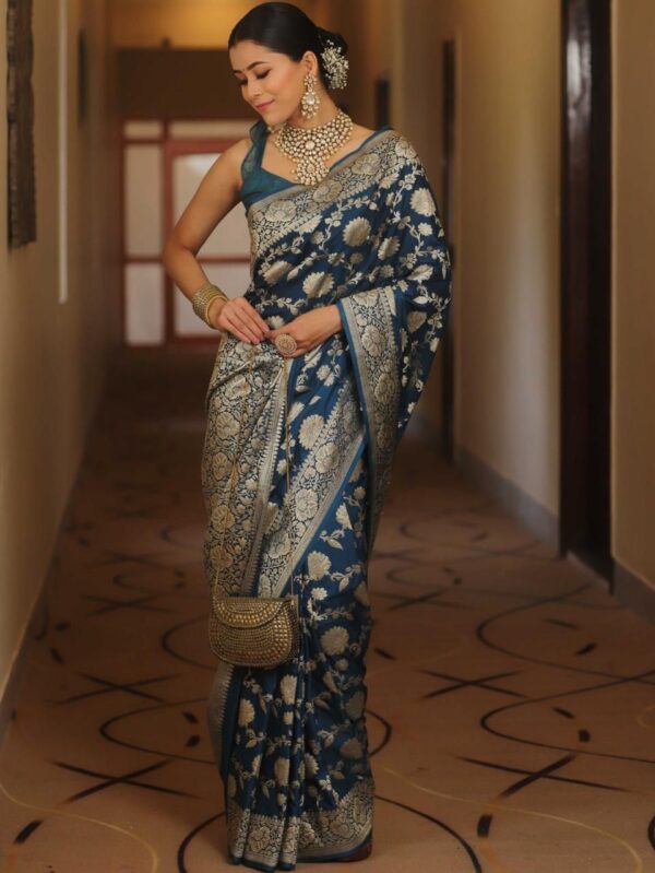 Navy Blue Handwoven Banarasi Jacquard Lichi Silk Saree with Antique Zari Work - Image 3