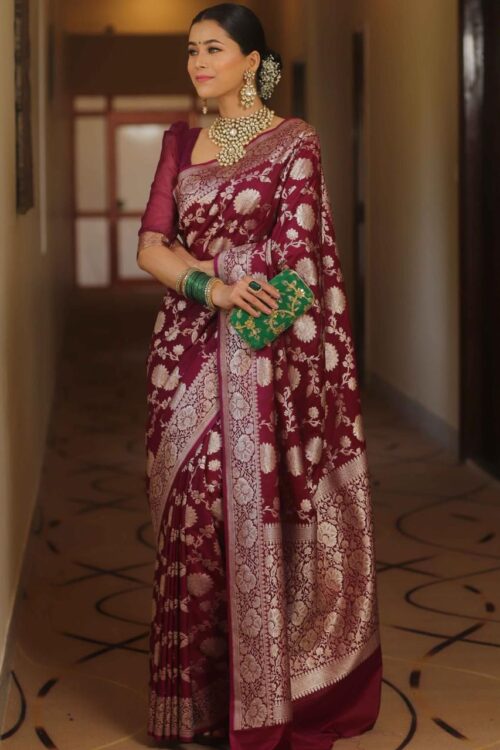 Wine Handwoven Banarasi Jacquard Lichi Silk Saree with Antique Zari Work