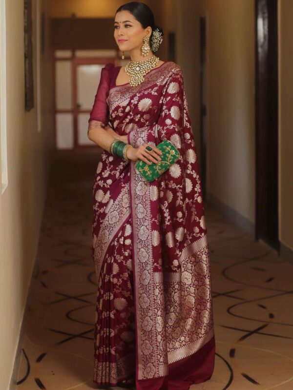 Wine Handwoven Banarasi Jacquard Lichi Silk Saree with Antique Zari Work