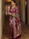 Wine Handwoven Banarasi Jacquard Lichi Silk Saree with Antique Zari Work