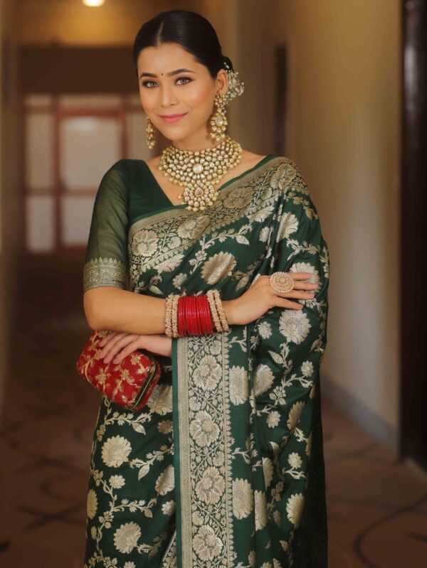 Deep Emerald Green Handwoven Banarasi Jacquard Lichi Silk Saree with Antique Zari Work - Image 3