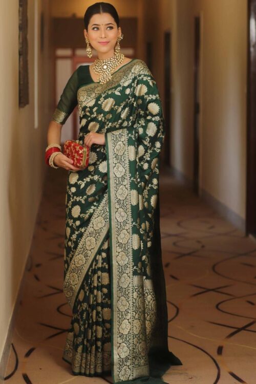 Deep Emerald Green Handwoven Banarasi Jacquard Lichi Silk Saree with Antique Zari Work