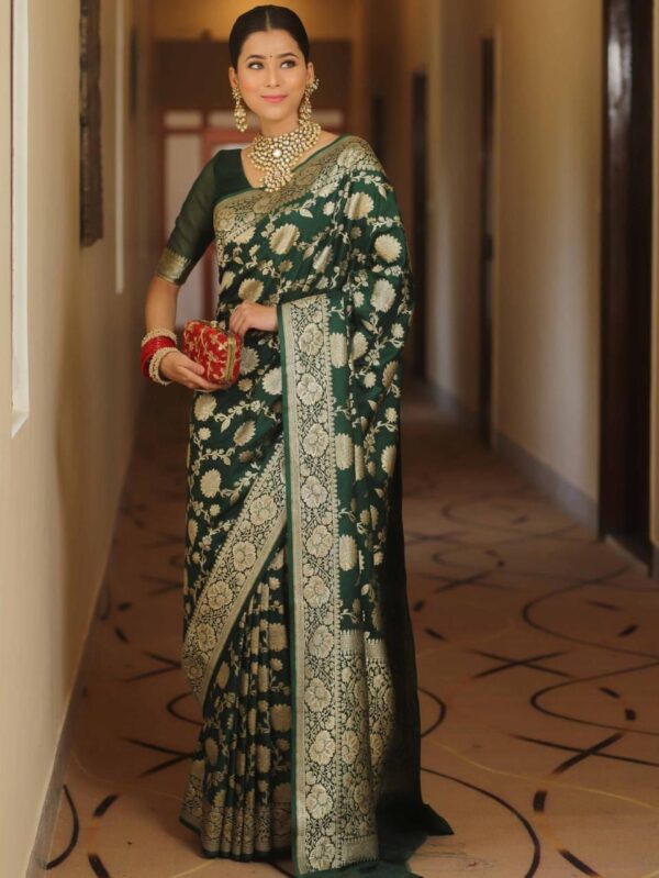 Deep Emerald Green Handwoven Banarasi Jacquard Lichi Silk Saree with Antique Zari Work