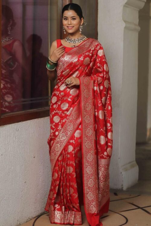 Red Handwoven Banarasi Jacquard Lichi Silk Saree with Antique Zari Work