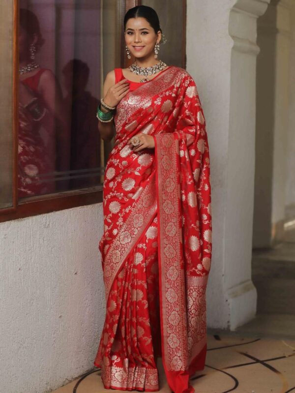 Red Handwoven Banarasi Jacquard Lichi Silk Saree with Antique Zari Work