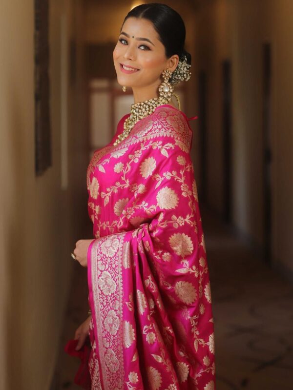Rani Pink Handwoven Banarasi Jacquard Lichi Silk Saree with Antique Zari Work - Image 3