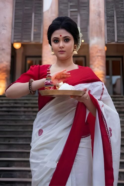 White Lichi Silk Saree with Traditional Temple Art Blouse