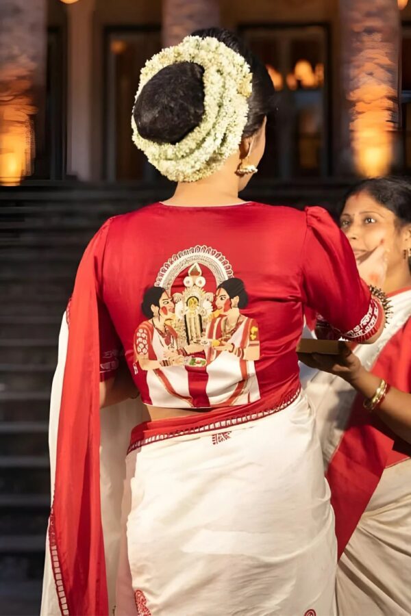 White Lichi Silk Saree with Traditional Temple Art Blouse - Image 3